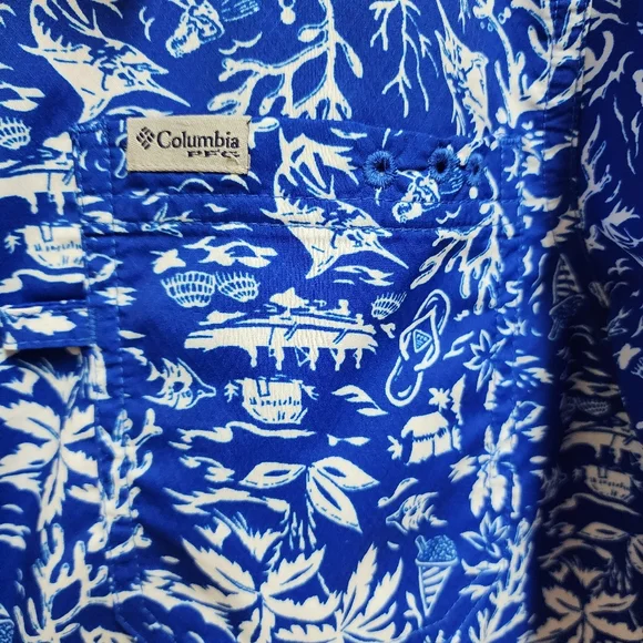 Columbia PFG Shirt Boys Youth XL Blue White Floral Hawaiian Short Sleeve Button - Picture 9 of 15